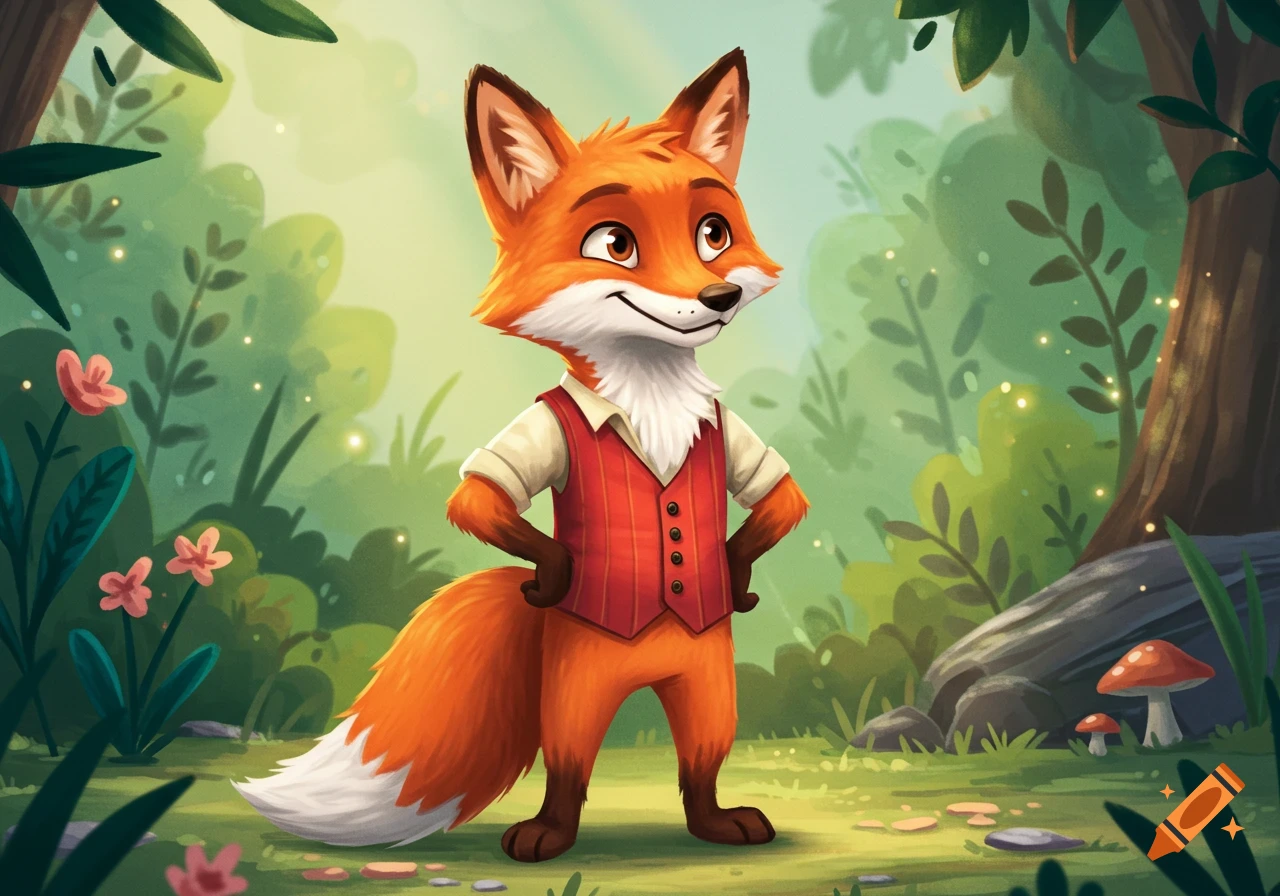 A cheerful cartoon fox wearing a red striped vest and white shirt stands in a lush green forest with hands on hips.