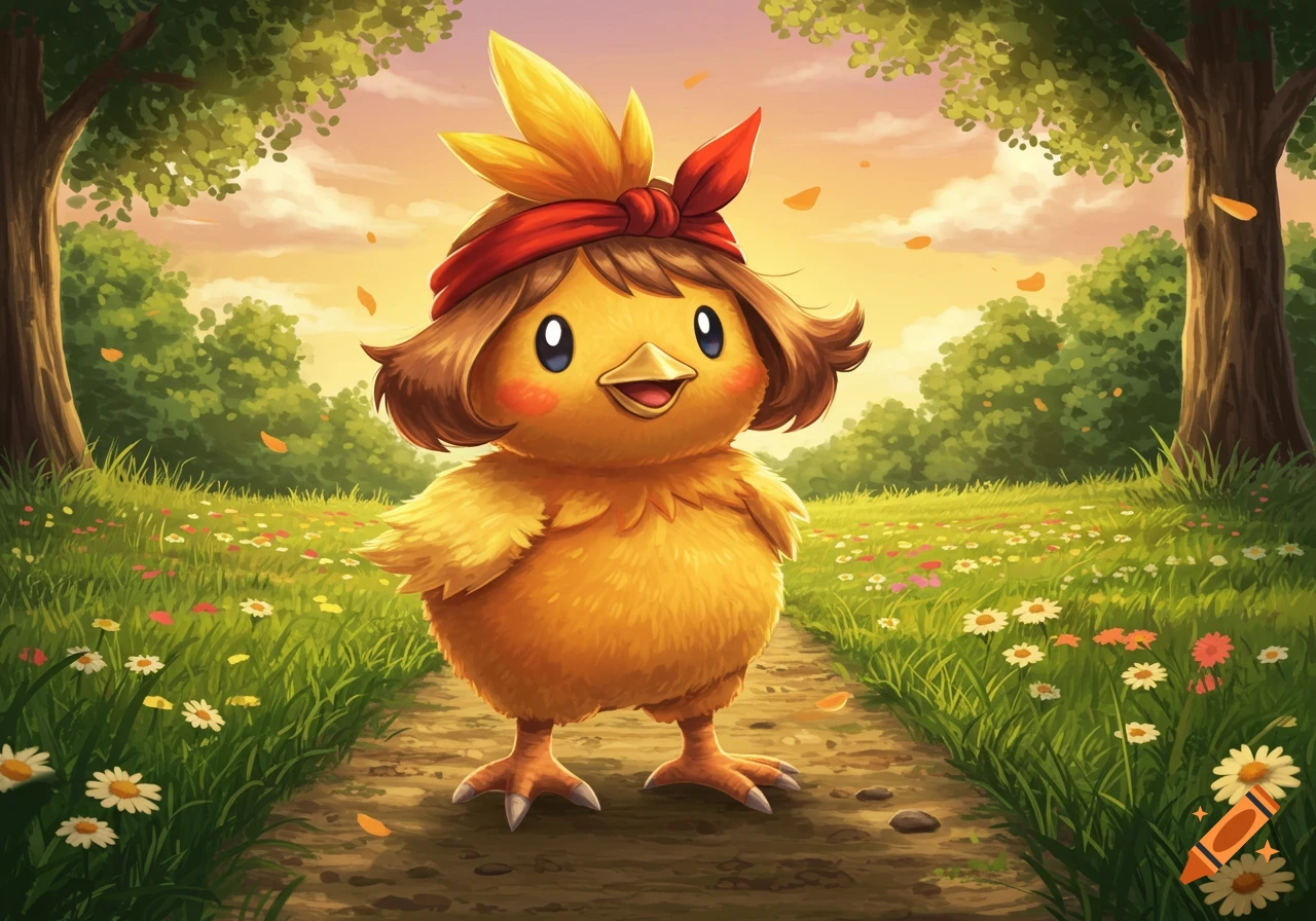A cute yellow cartoon chicken with brown hair and a red bandana stands on a path in a sunny field with trees and flowers.