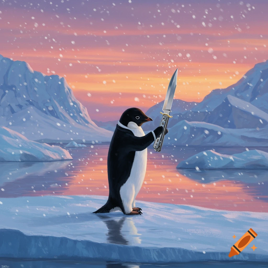 An illustrated penguin stands on an ice floe, holding a butterfly knife against a snowy Antarctic sunset.
