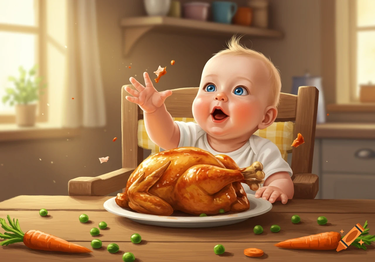 A happy, wide-eyed baby in a high chair reaches for a roasted chicken on a table with scattered peas and carrots in a bright, illustrative style.