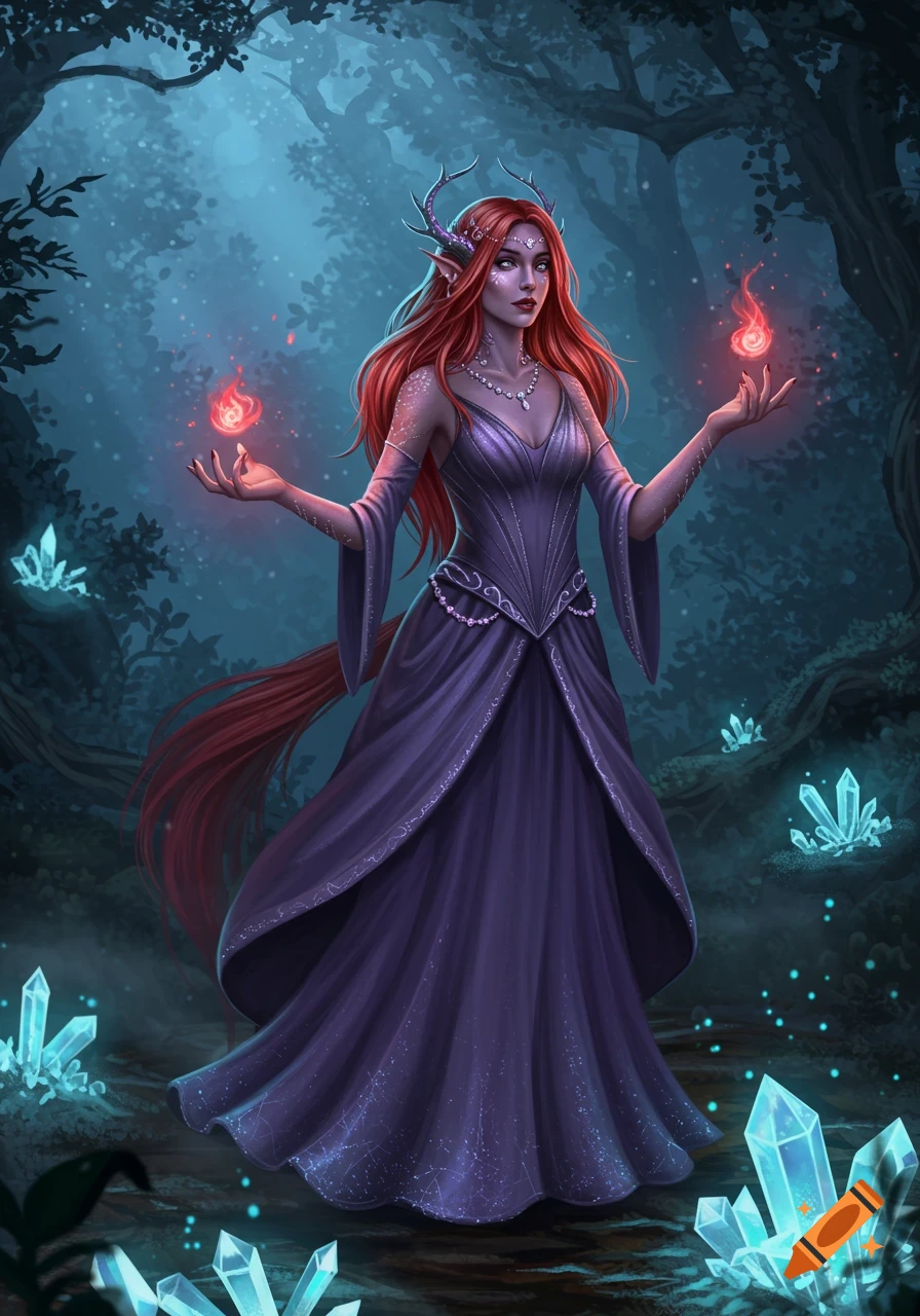An illustration of a red-haired, elf-like woman in a purple dress casting fire magic in a mystical forest with glowing blue crystals.