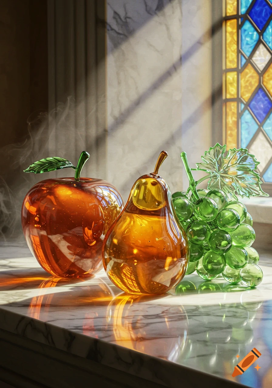 Photorealistic image of glass fruit sculptures: an amber apple, an amber pear, and green grapes, on a marble counter bathed in sunlight from a stained glass window.