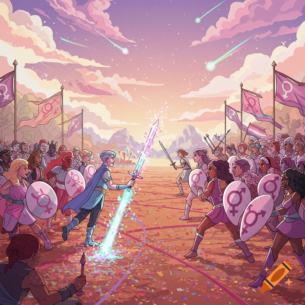 Cartoon battle between two armies, one with a rainbow sword, in a vibrant fantasy landscape with gender symbol flags.