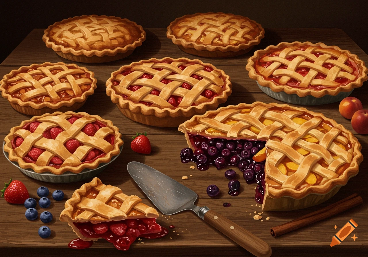 Multiple fruit pies, including strawberry, blueberry, and peach, on a wooden table with a pie server. Photorealistic.