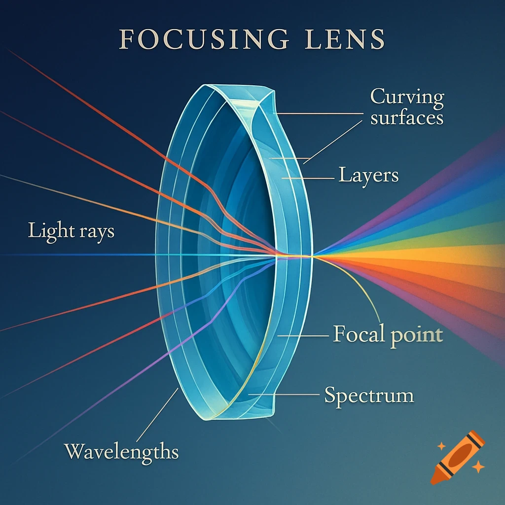 A detailed diagram illustrating a focusing lens refracting incoming light rays to a focal point, with parts like layers and wavelengths labeled.