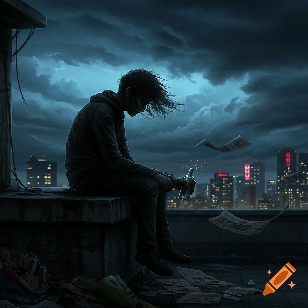 A man sits alone on a dark rooftop at night, holding a bottle, with newspapers flying around him and a blurred city skyline in the background, in a moody, dark art style.