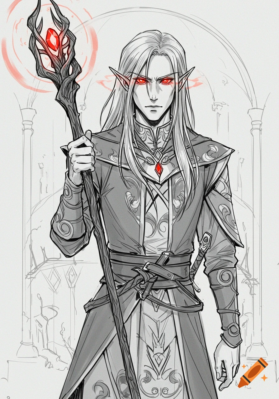 A sketch of a male elf with long silver hair and glowing red eyes, wearing ornate robes, holding a magical staff with a red gem.