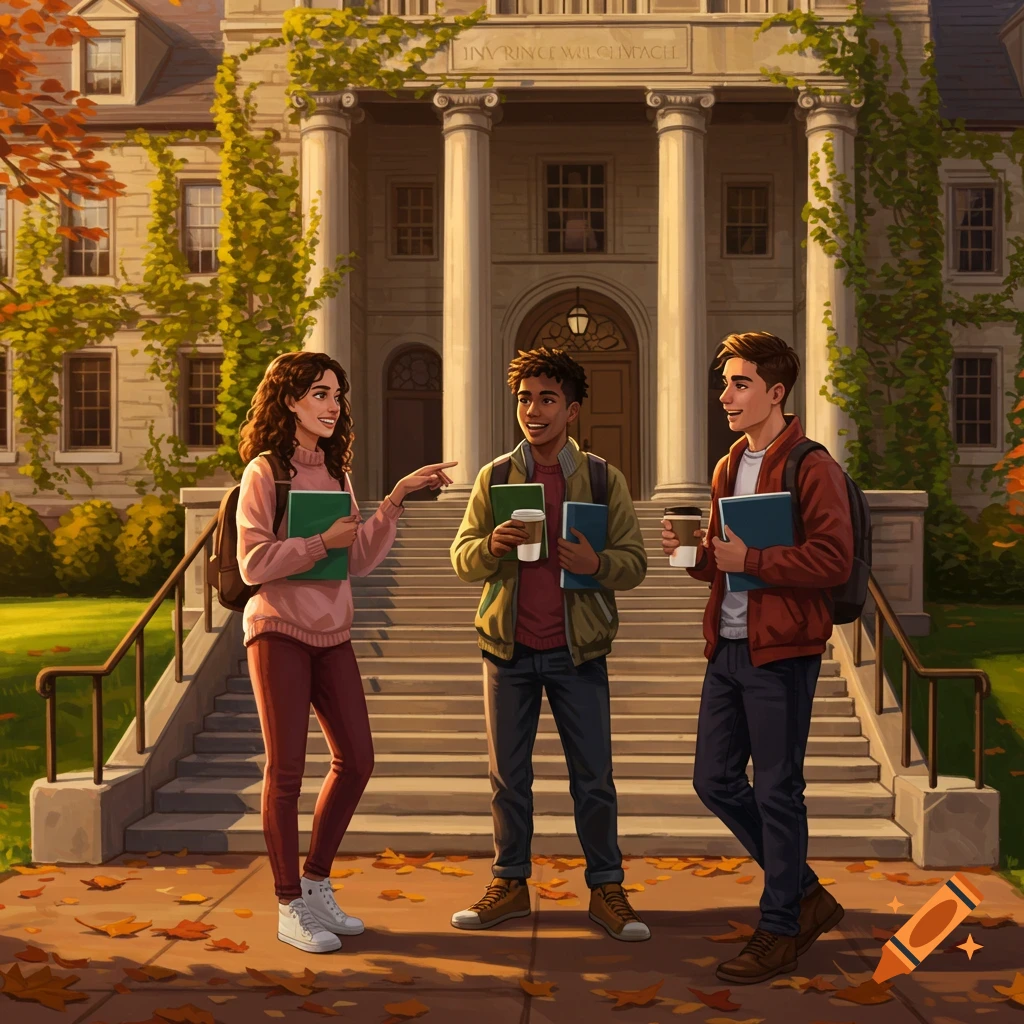 Three college students, two boys and a girl, stand chatting on a path with fallen autumn leaves in front of a grand university building, in an illustration style.