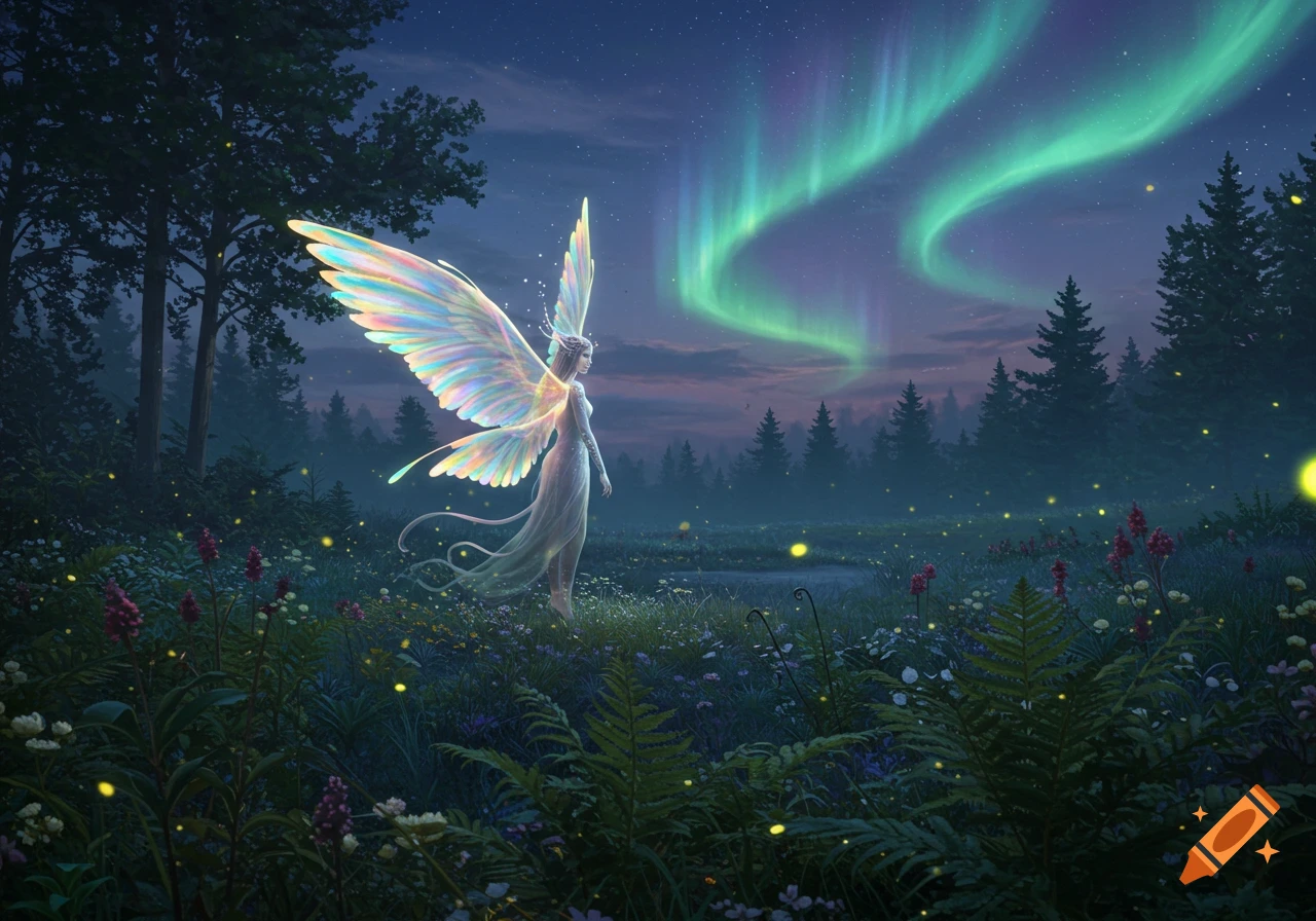 A radiant fairy with iridescent wings stands in a magical night forest under the aurora borealis, illuminated by fireflies.