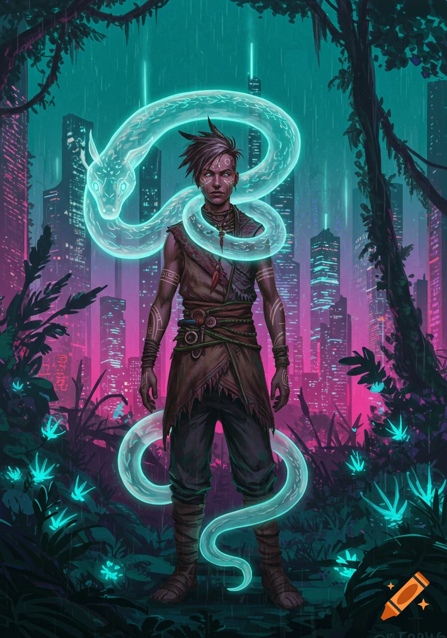 An urban shaman with glowing white eyes and tribal tattoos stands with a glowing blue spirit snake in a neon pink and teal cyberpunk jungle.