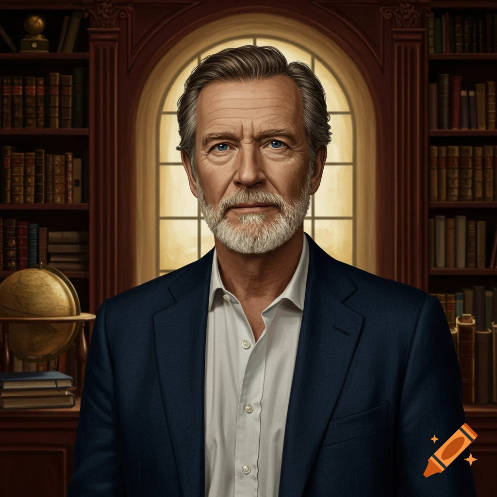 Portrait of a distinguished older man with a beard and blue eyes, wearing a suit, standing in a library.