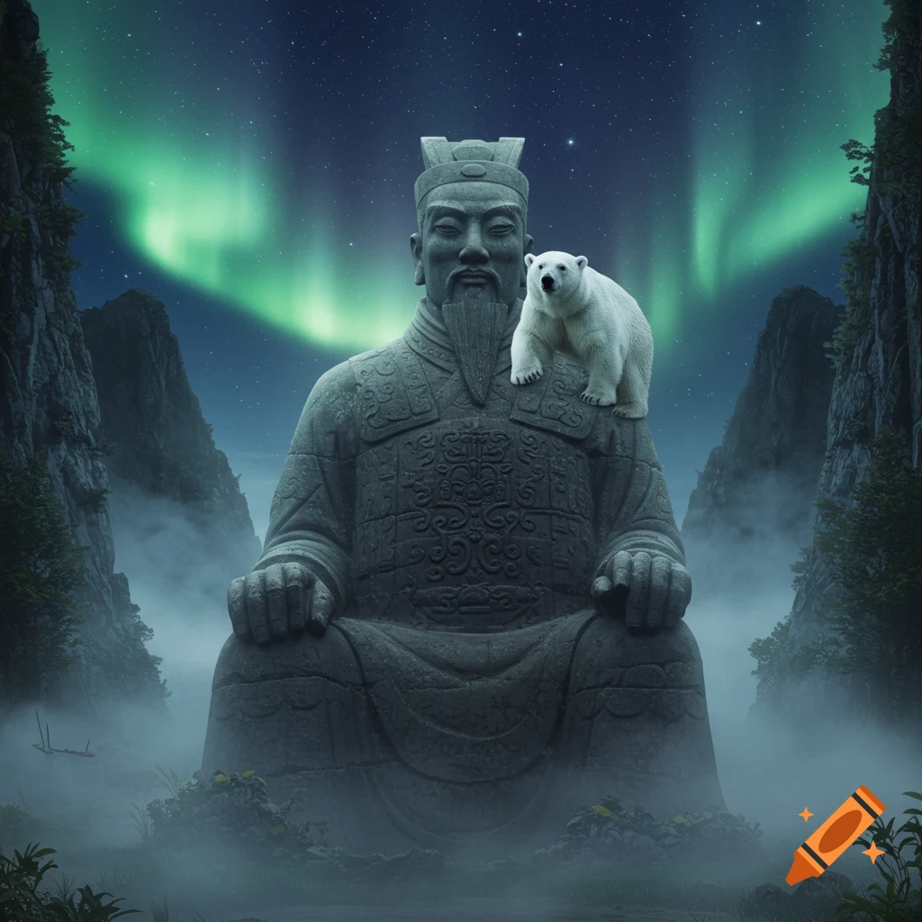 A polar bear sits on the shoulder of a giant stone statue of an ancient emperor, with misty mountains and an aurora-lit night sky.