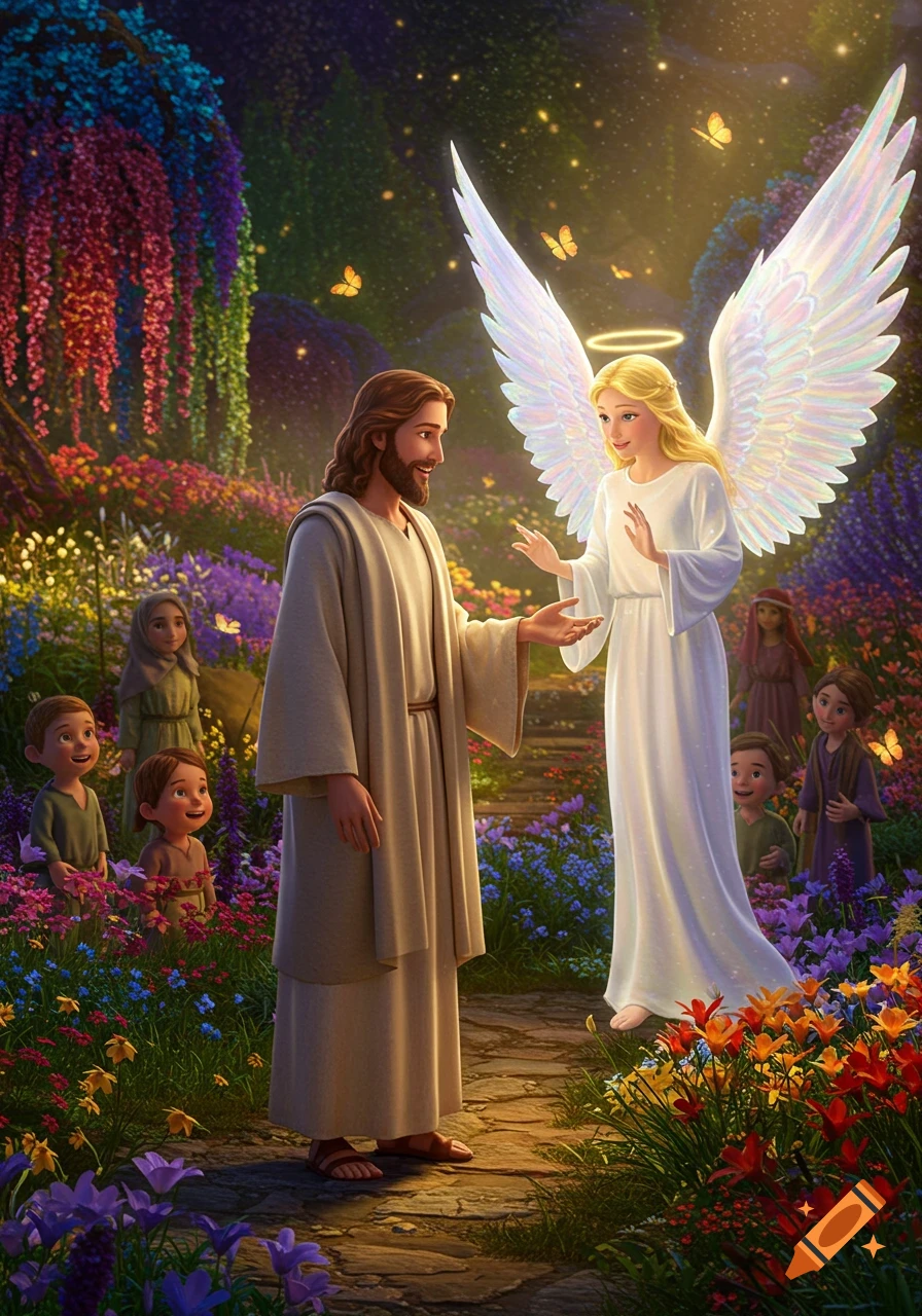 3D illustration of Jesus talking to an angel in a vibrant, magical paradise with children and flowers, Pixar style.