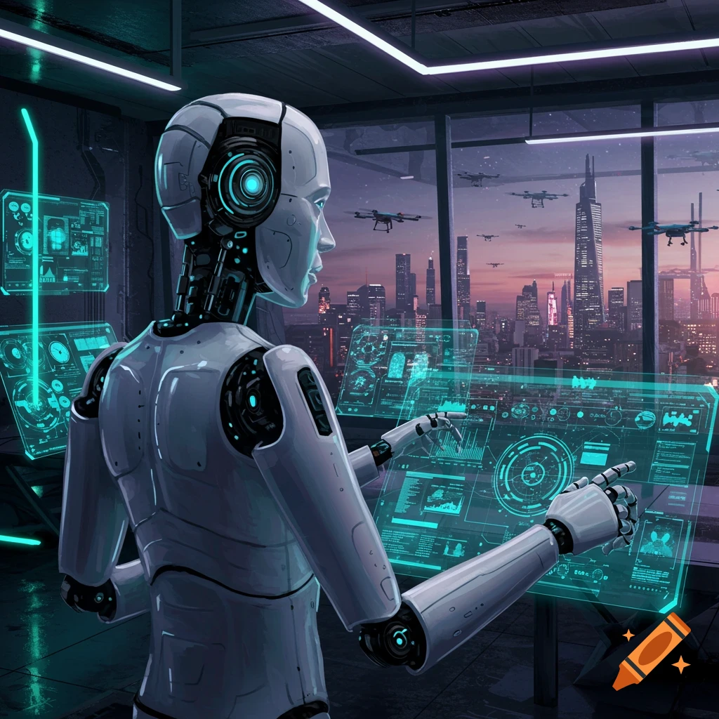 A white robot interacts with multiple glowing blue holographic screens in a futuristic office overlooking a cyberpunk city at sunset.