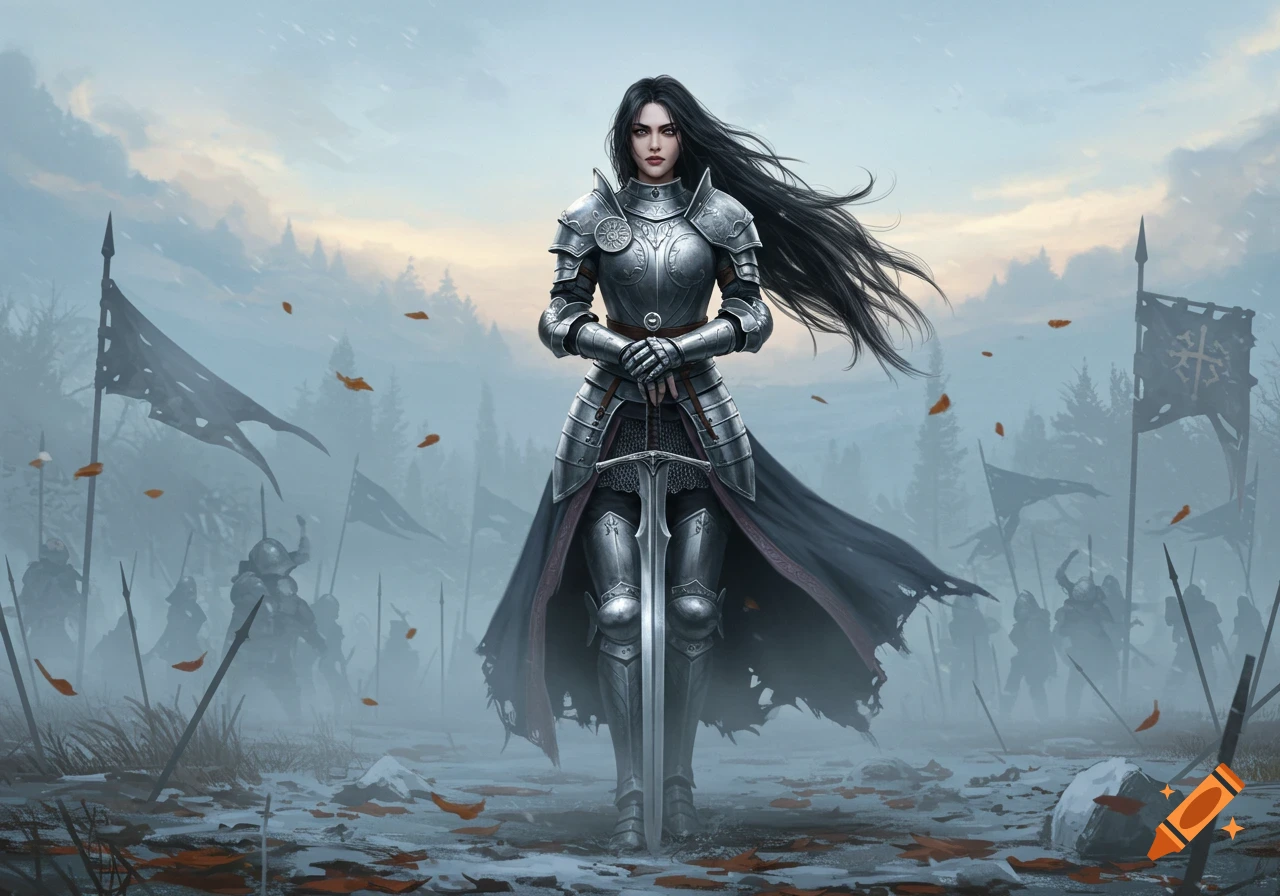 A female warrior in full armor stands on a foggy, leaf-strewn battlefield, holding a greatsword. Soldiers and flags are visible in the misty background.