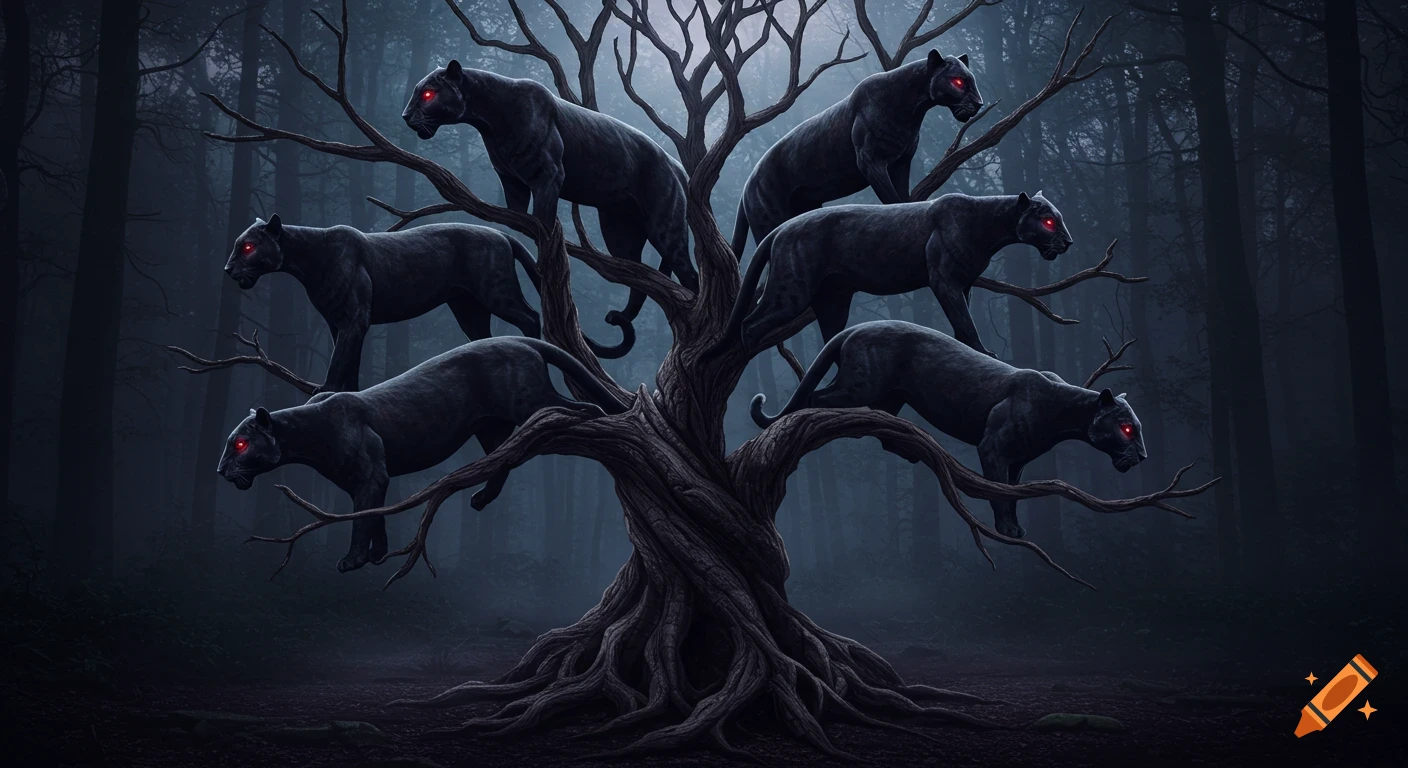 Six black panthers with glowing red eyes perch on a gnarled, dark tree in a misty, eerie forest, in a dark fantasy style.