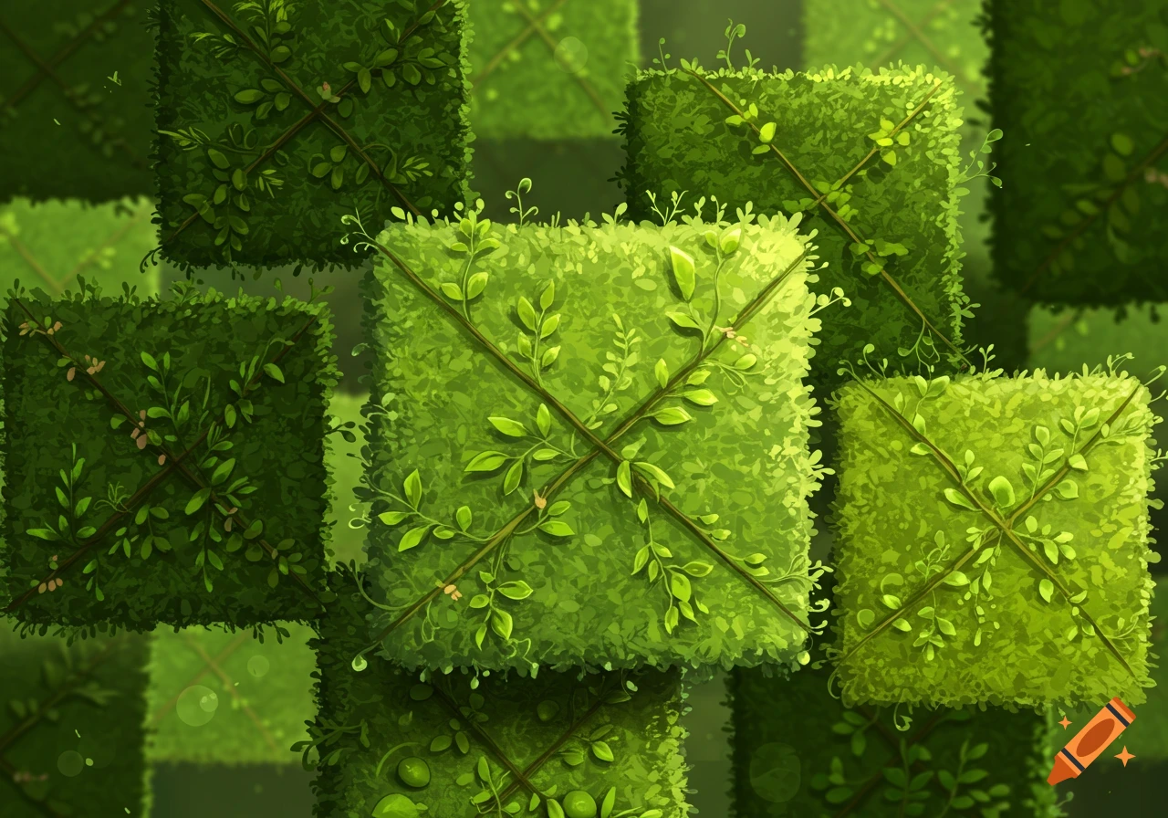 A lush pattern of green square hedges with climbing vines forming X-shapes.