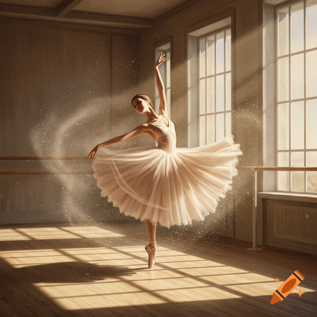 A graceful ballerina in a white tutu dances en pointe in a sunlit ballet studio, surrounded by swirling dust motes.
