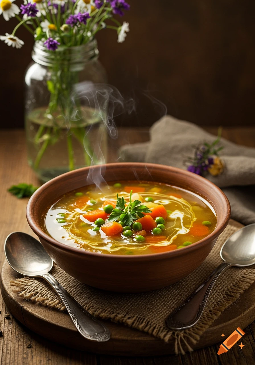 A steaming bowl of vegetable soup with carrots, peas, and parsley on a wooden table with spoons and wildflowers. Photorealistic.