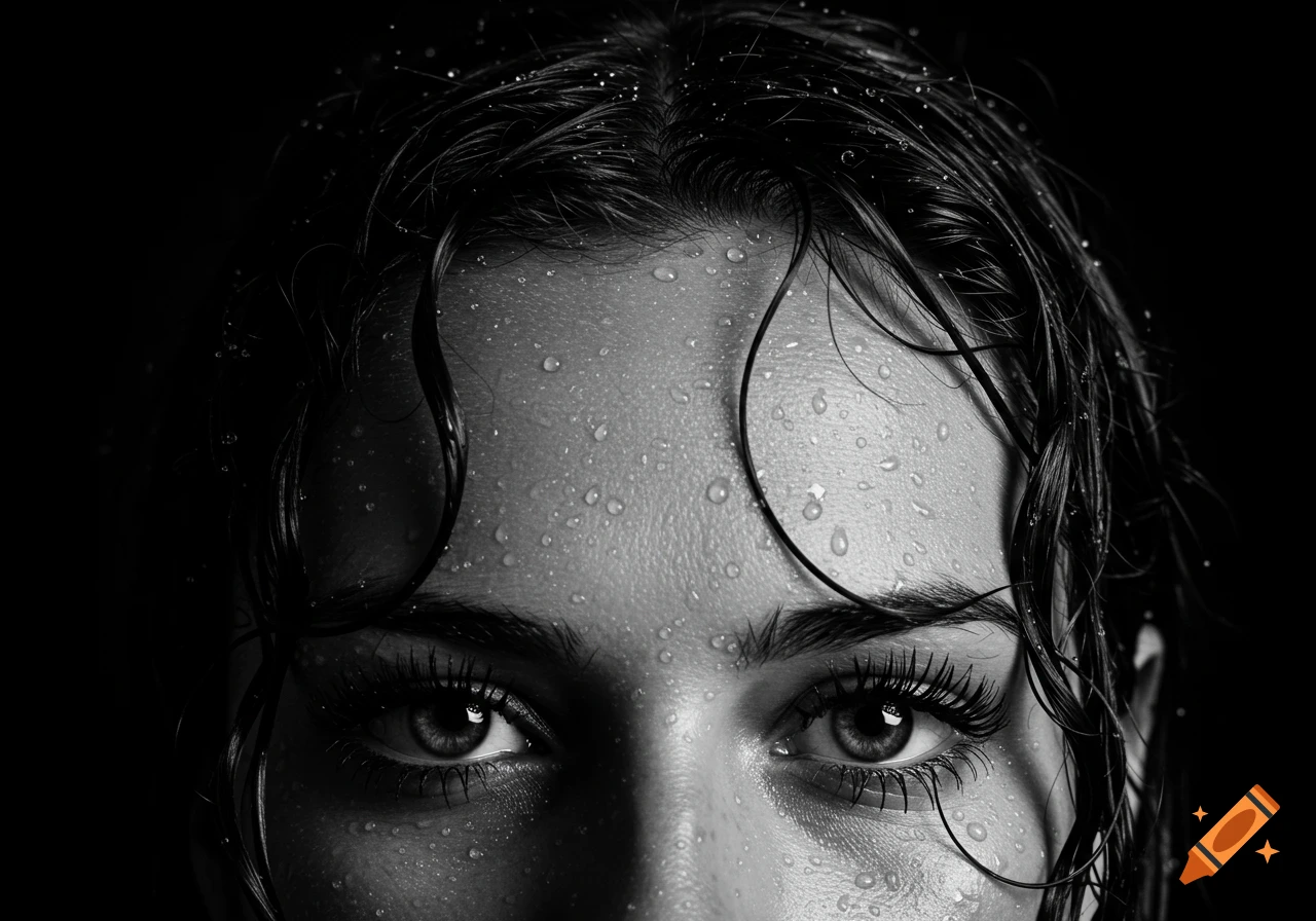 Close-up black and white portrait of a person's eyes and forehead with wet hair and water droplets on the skin.
