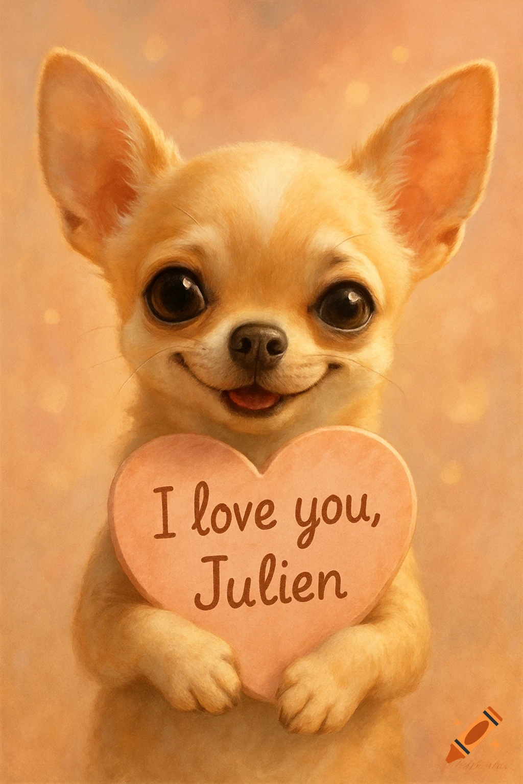 A cute chihuahua with big, expressive eyes holds a heart-shaped sign that reads 'I love you, Julien,' in an illustration with soft, warm colors.