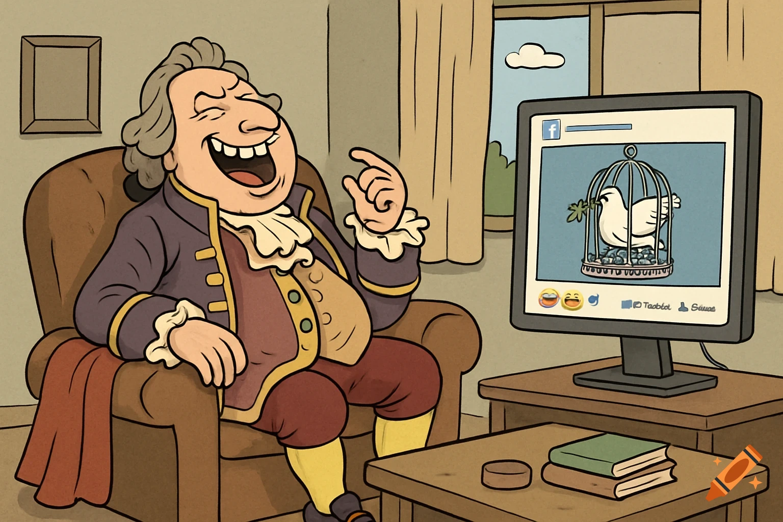 Cartoon man in historical attire laughs at a computer screen displaying a Facebook post of a dove of peace in a cage.