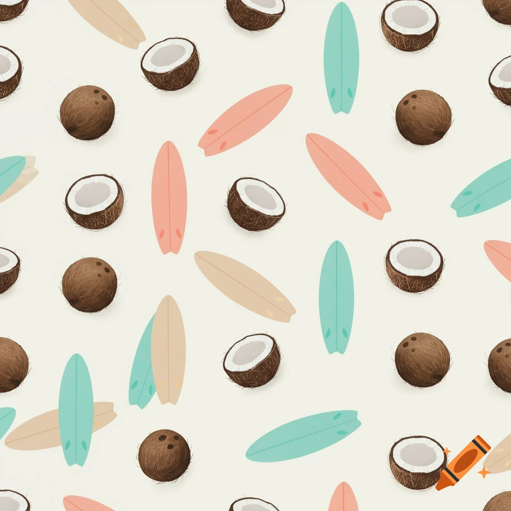 Seamless pattern of scattered whole and halved coconuts with pastel peach, mint green, and beige surfboards on an off-white background.