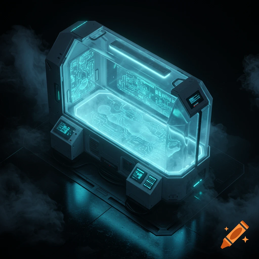 A top-down view of a futuristic glowing blue sci-fi cryobed in a dark room with smoky effects.