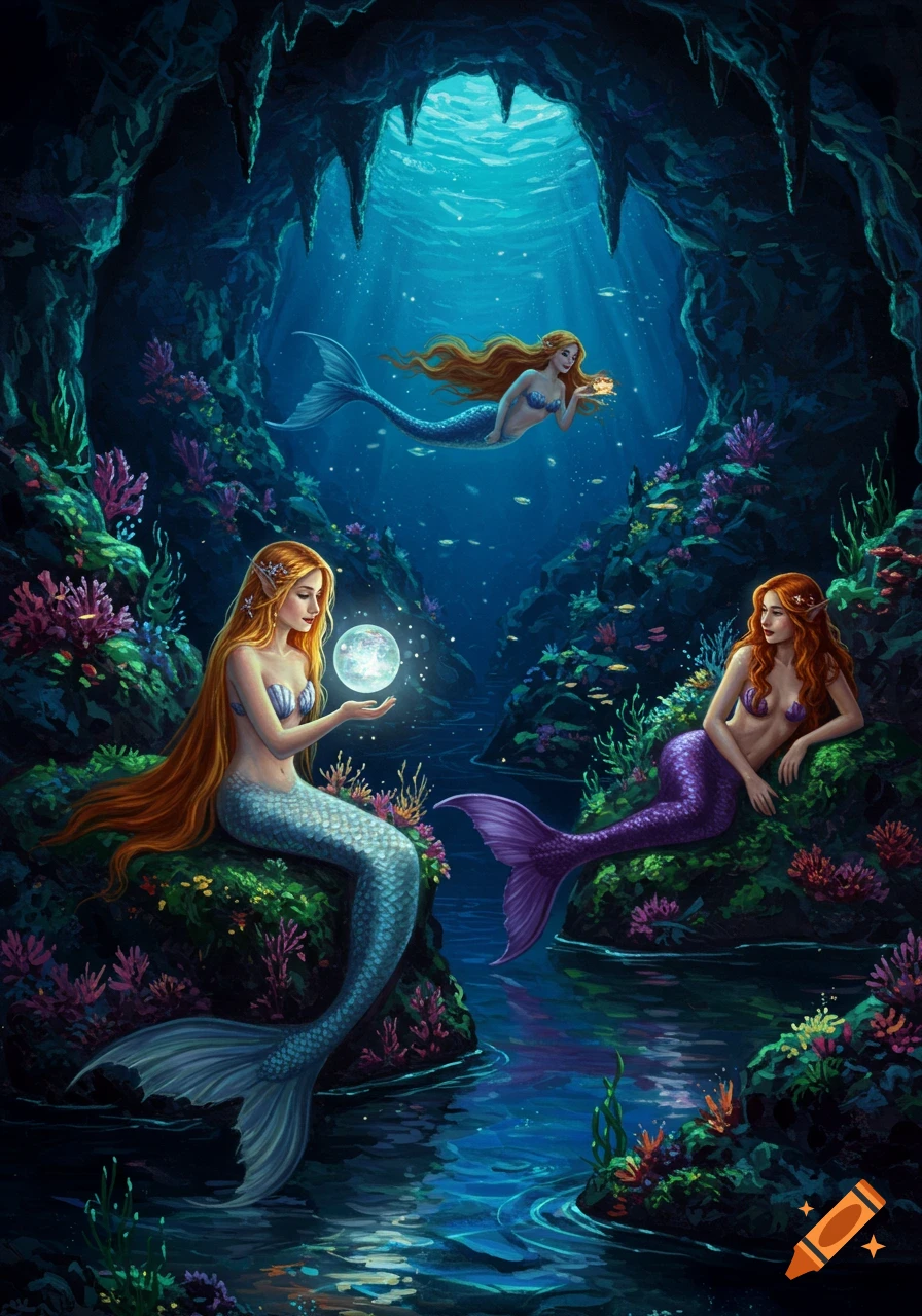 Three mermaids in a magical, bioluminescent sea cave. One holds a glowing orb, another rests, and one swims. Oil painting style.