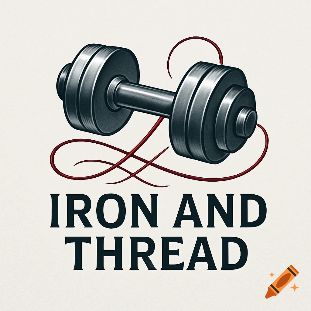 Logo for 'Iron and Thread' fitness company, featuring a metallic dumbbell with red decorative threads and text.