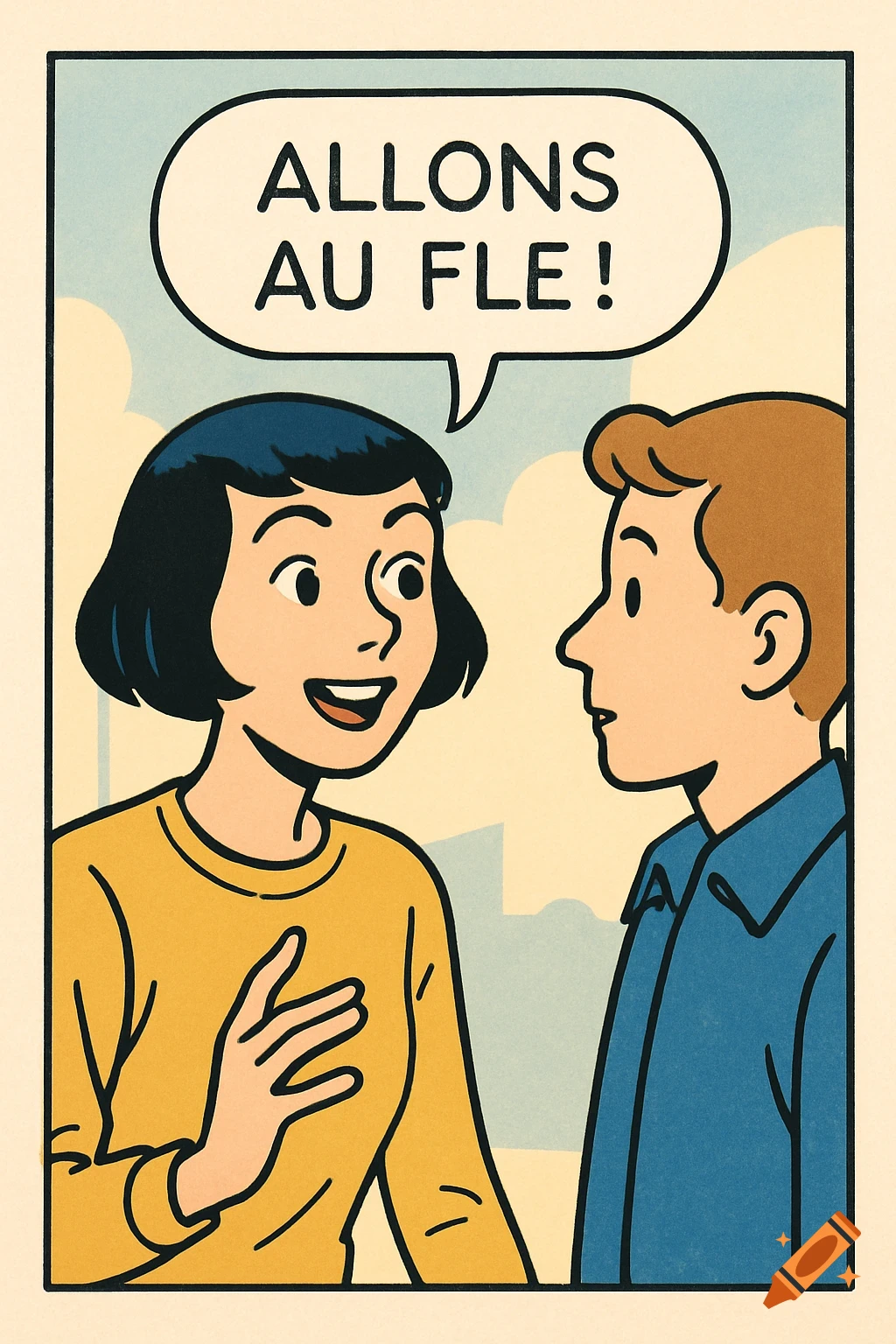 Ligne claire comic art of a woman talking to a man. A speech bubble above the woman's head says, "ALLONS AU FLE!".