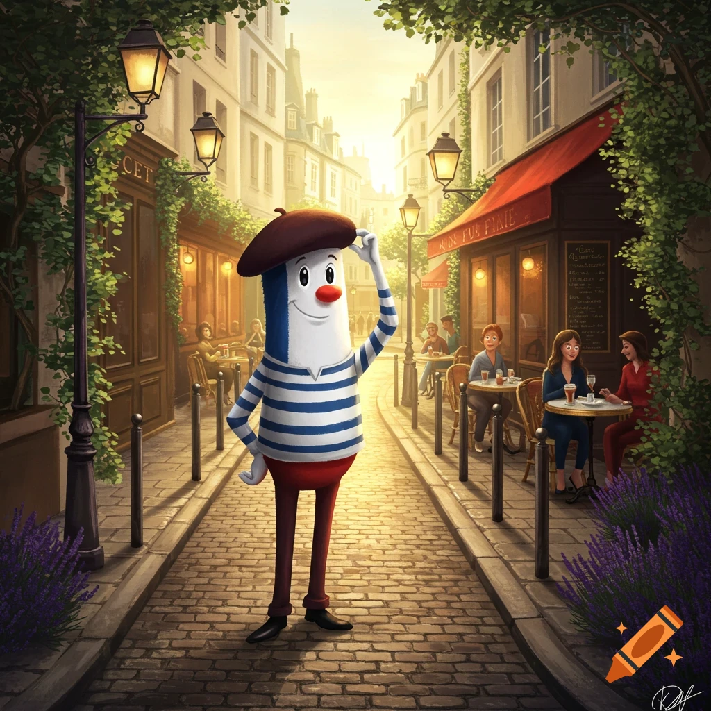 A smiling French flag-themed character in a beret and striped shirt stands on a cobblestone street in front of a Parisian cafe.