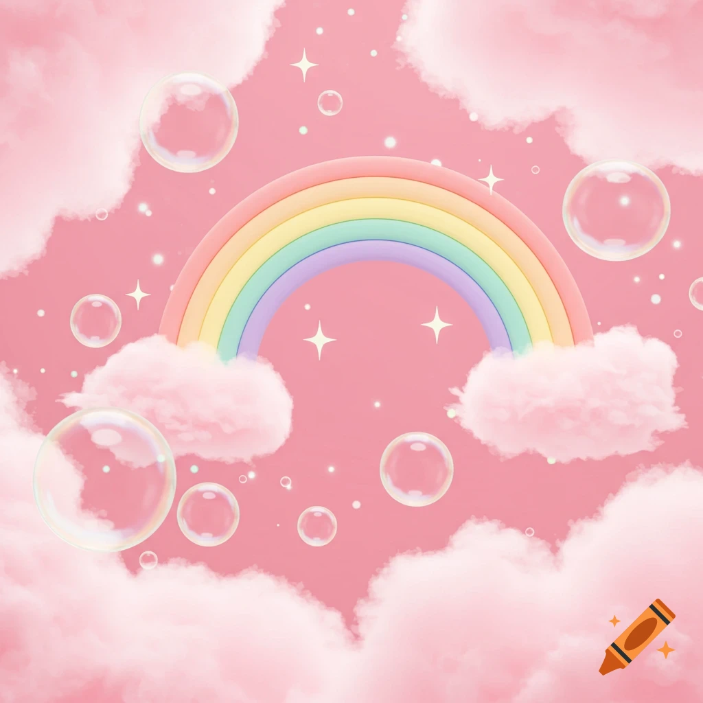 A pastel rainbow arcs across a bubbly pink sky with fluffy clouds, sparkling stars, and floating transparent bubbles.
