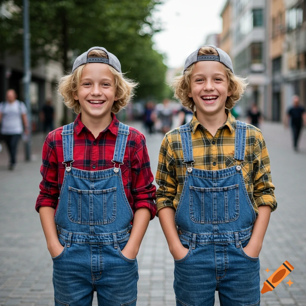 Two smiling blond boys in denim overalls, plaid shirts, and backward caps stand side-by-side on an urban street.