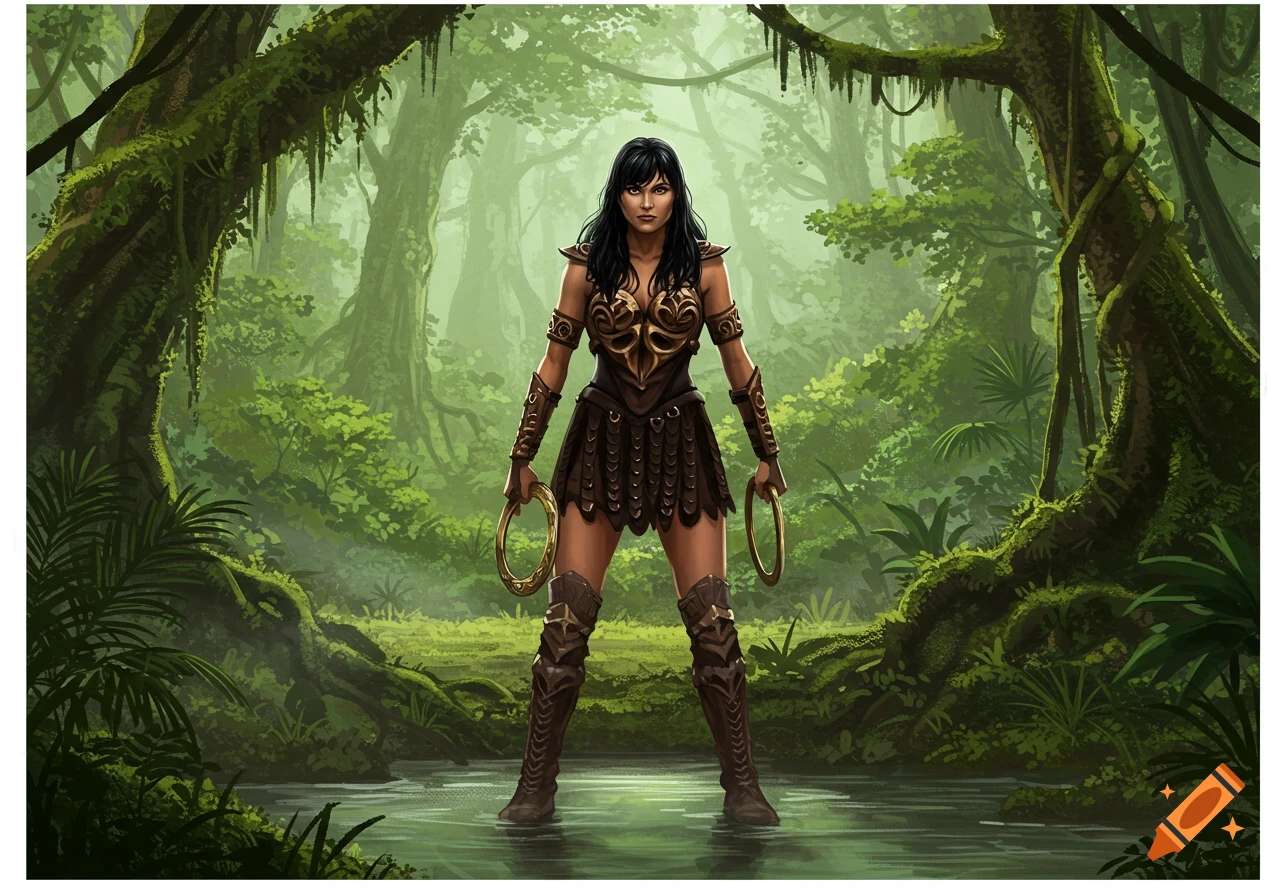 A dark-haired female warrior in brown armor stands in a lush rainforest, holding golden rings.