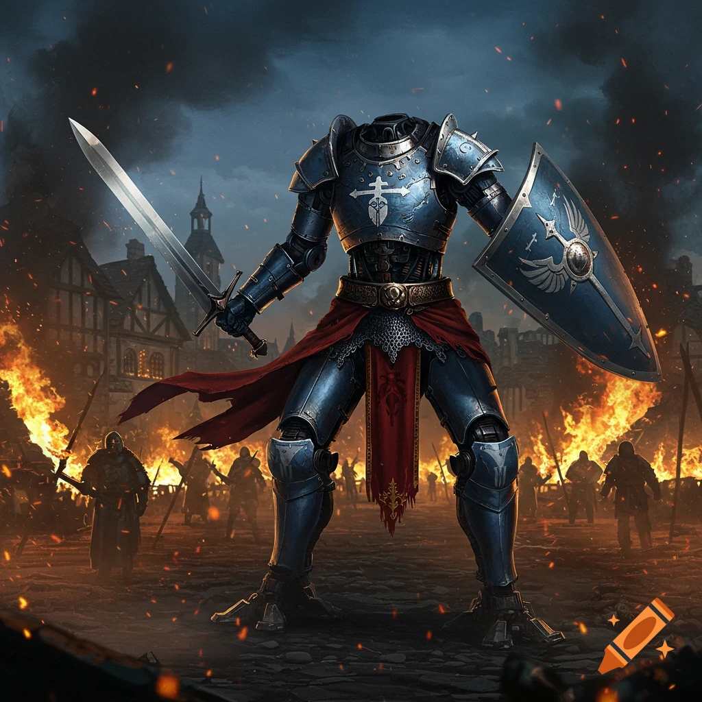 A headless armored knight-like combat vehicle with a sword and shield stands in a burning medieval village at night.