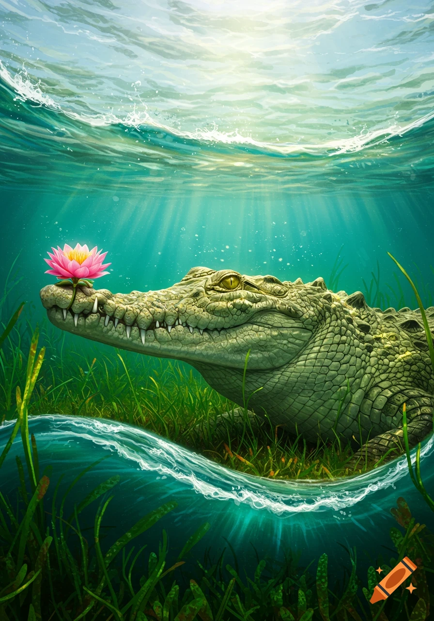 A green crocodile with a pink lotus flower on its snout, half submerged in clear blue water with seagrass, art style.