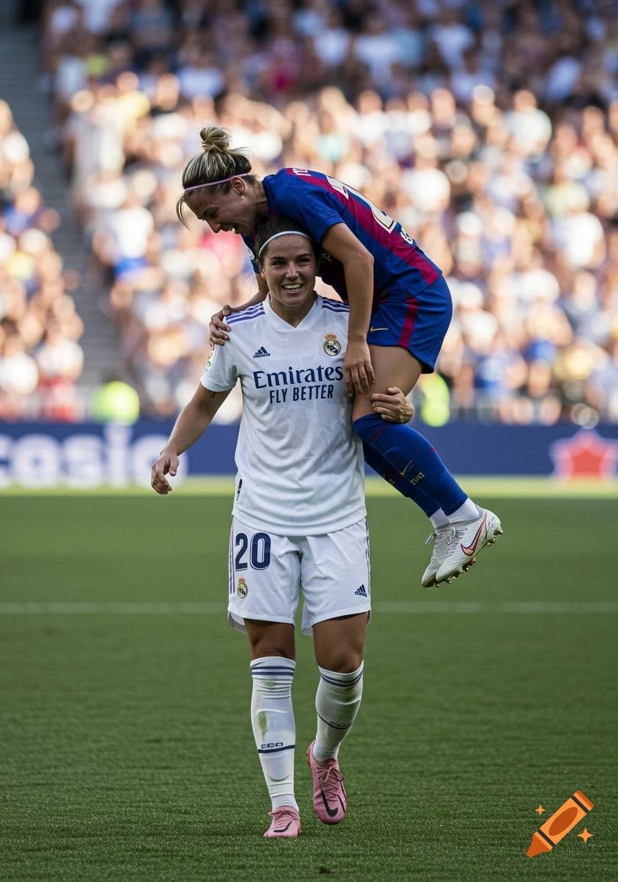 A woman in a white soccer jersey carries another in a blue jersey on her shoulders on a field, celebrating.