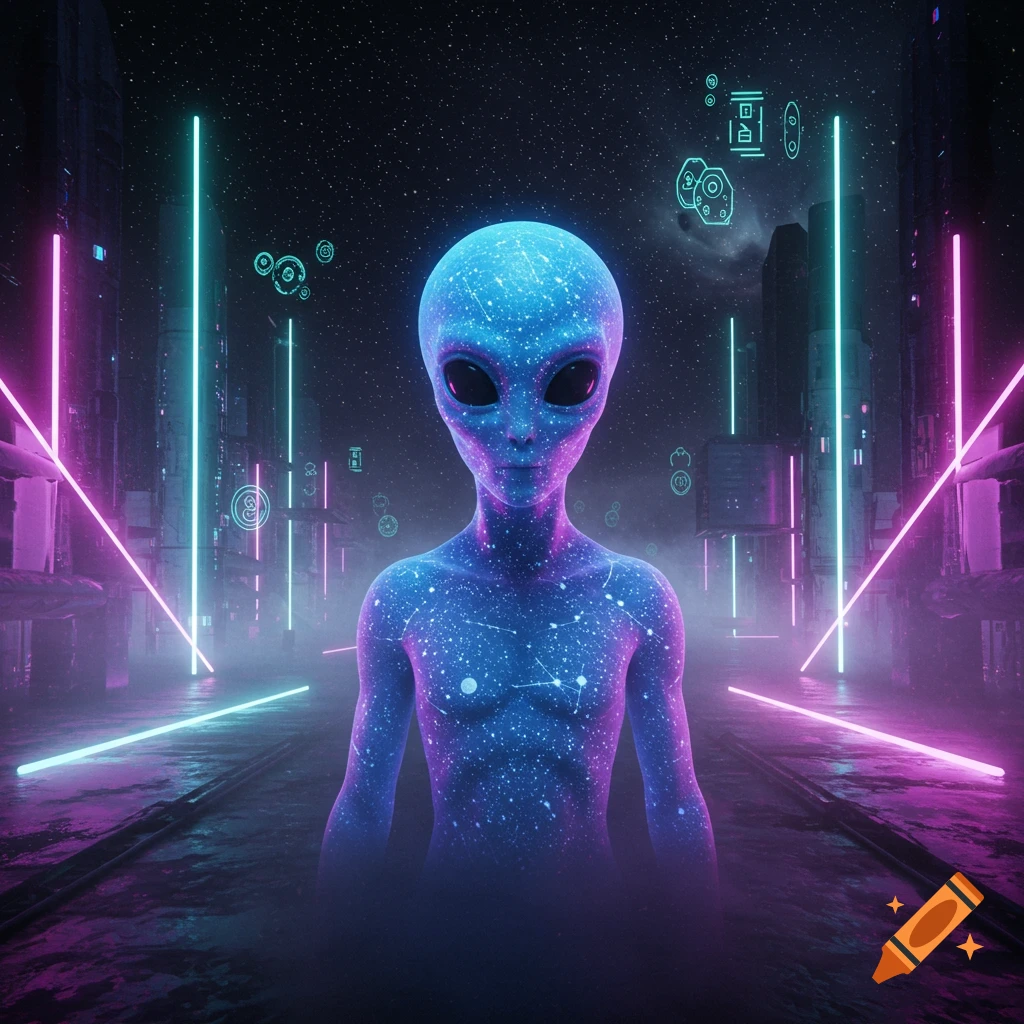 Blue, starry alien stands on a dark, wet street in a neon-lit futuristic city, staring forward.