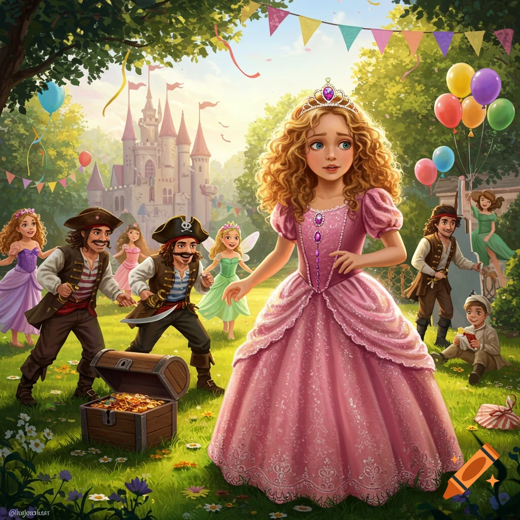 Illustrated scene of a princess looking surprised at a birthday party in a sunny park with a castle, while pirates run towards an open treasure chest.