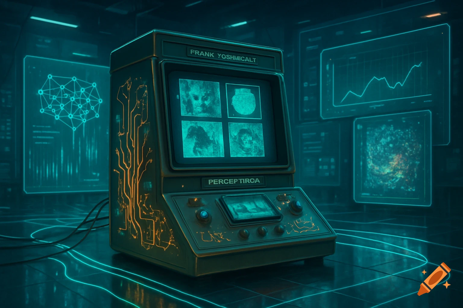 A futuristic machine with screens displaying data and circuit patterns, set in a glowing blue-green digital environment.