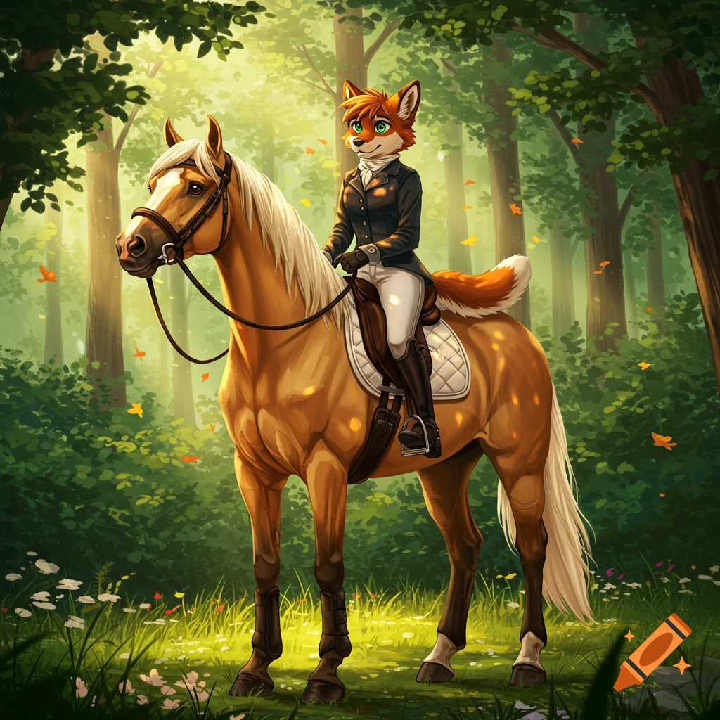 A furry fox character in riding attire on a palomino horse in a sunlit forest, digital art.