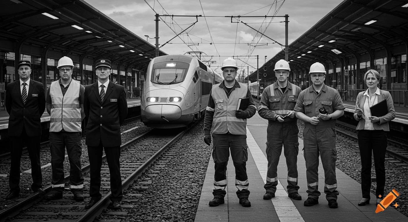 Black and white photo of six railway workers and a modern train at a station, representing diverse roles and solidarity.