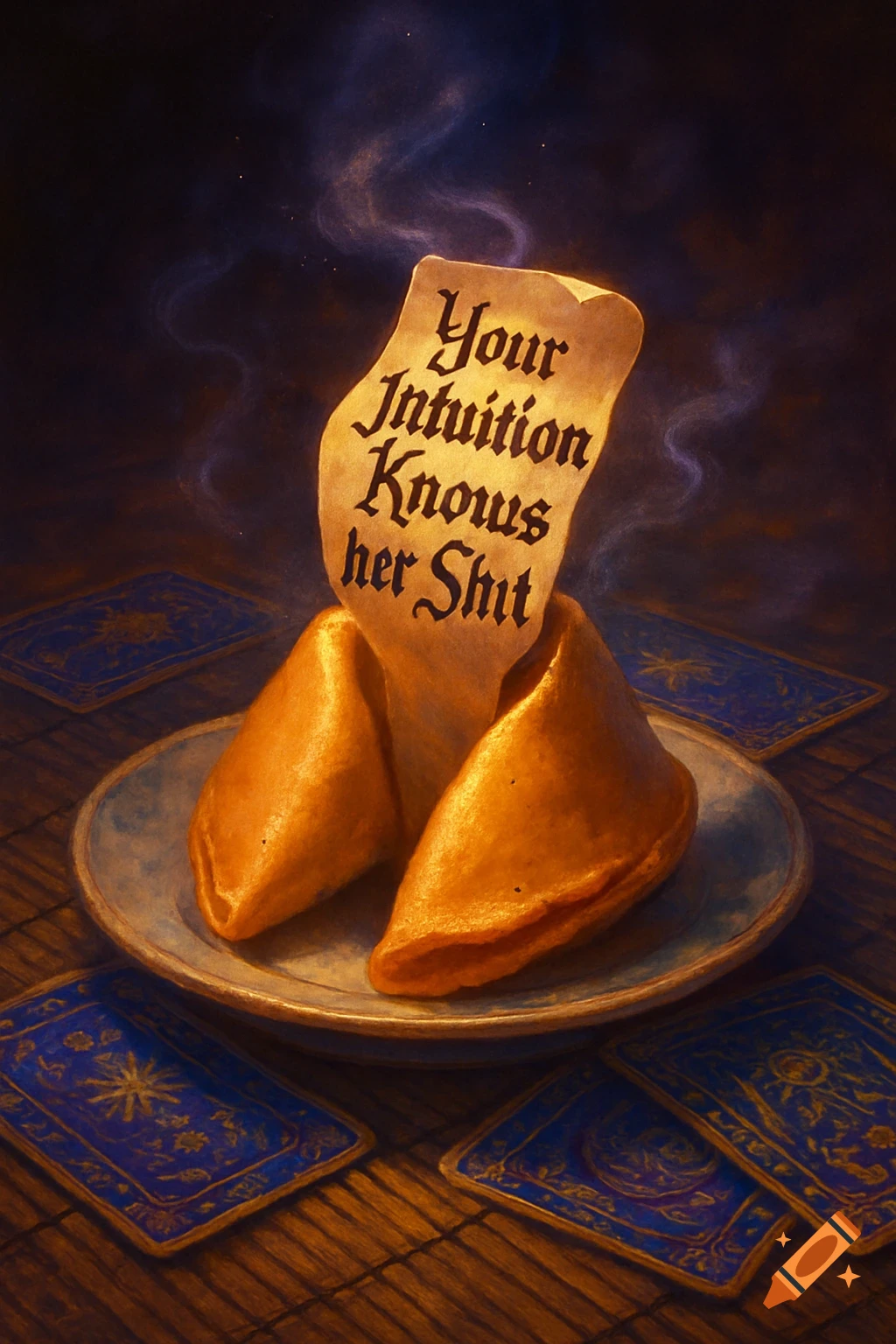 Two fortune cookies on a plate with a paper fortune reading 'Your Intuition Knows her Shit' and tarot cards scattered on a wooden table.