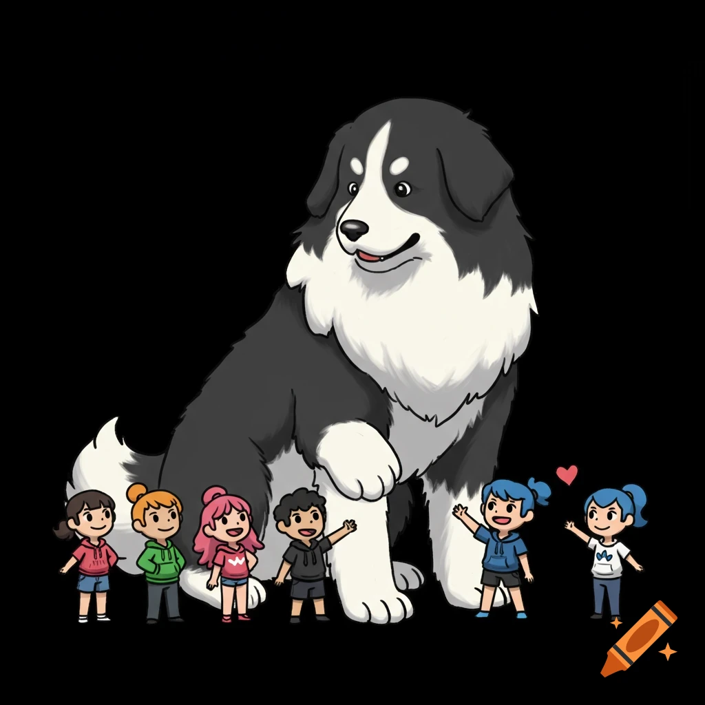 A large, friendly black and white dog in a cartoon style sits protectively among tiny colorful children on a black background.