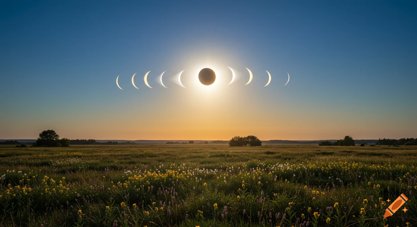 A composite photorealistic image shows a sequence of solar eclipse phases over a vast field with wildflowers and distant trees at sunset.