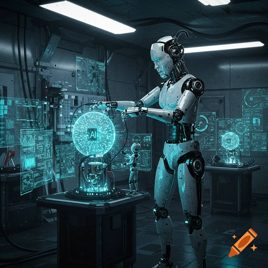 A humanoid robot interacts with a glowing AI sphere and holographic screens in a dark, futuristic laboratory, with smaller robots also visible.