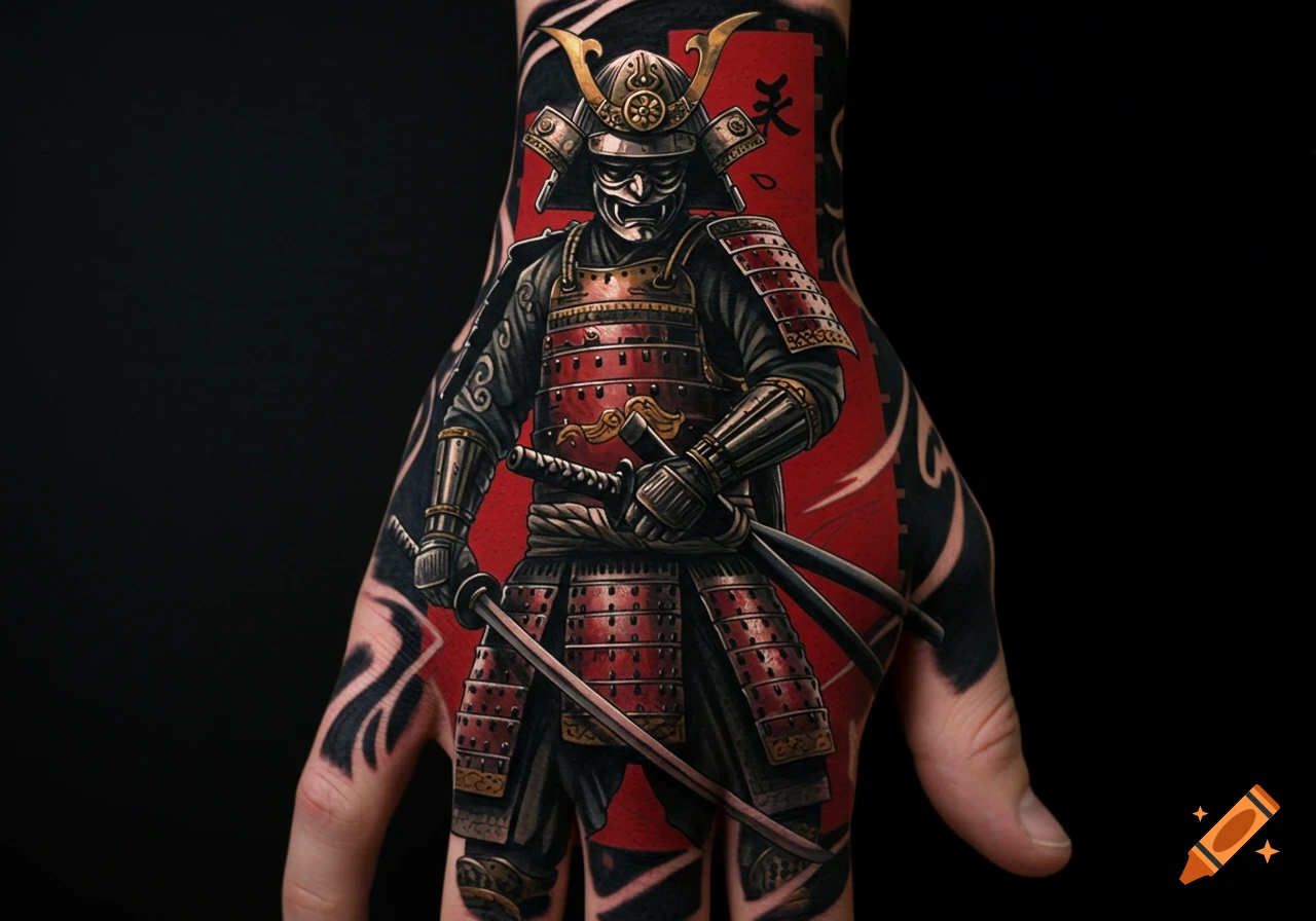 A detailed samurai warrior tattoo in red and black armor on the back of a hand, with Japanese characters in the background.