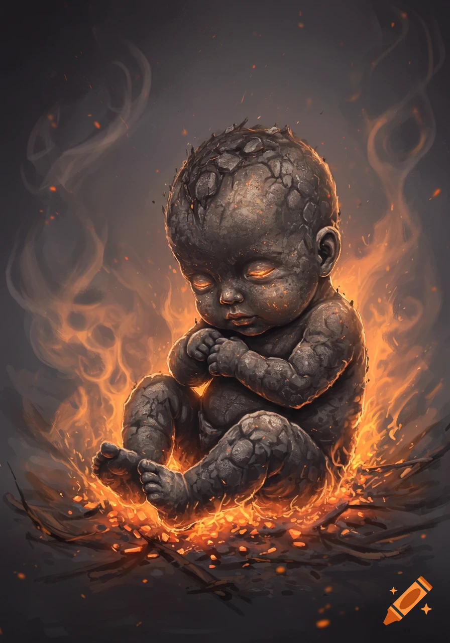 A dark fantasy illustration of a baby-like figure made of cracked, glowing ash, crouching amidst swirling orange flames.