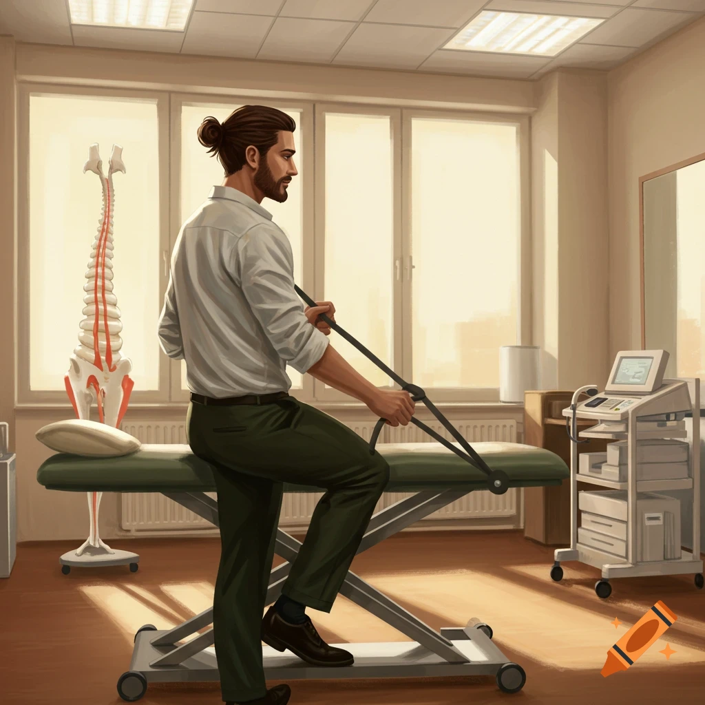 Illustrated man in a physiotherapy room, using a resistance band while stepping on a platform, with a spine model nearby.